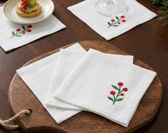 Embroidered Linen Cocktail Napkins | Red Berry Christmas Bar Decor
