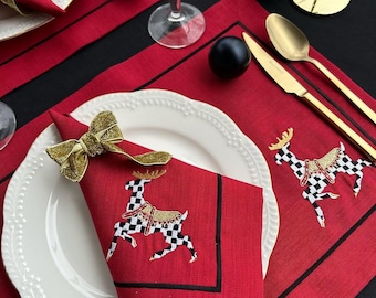 Embroidered Reindeer Christmas Placemat & Napkin • Red Checkered Table Linens