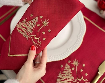 Embroidered Christmas Tree Placemat or Napkin • Red & Gold Holiday Table Linens