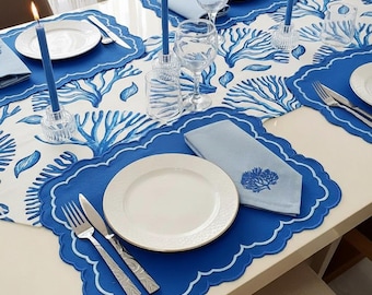 Embroidered Hanukkah Table Set – Blue Coral Linen, Scalloped Placemats
