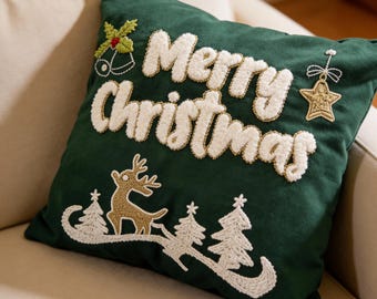 Embroidered Christmas Pillow | Green Velvet Holiday Cushion (16x16)