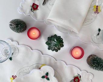 Embroidered Christmas Placemat & Napkin Set | Scalloped White Linen