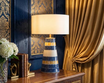 Luxury Ceramic Table Lamp – Navy & Gold Stripes, Cream Linen Shade