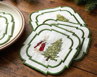 Embroidered Peter Rabbit Christmas Linen Napkins • Holiday Decor, Set of 4