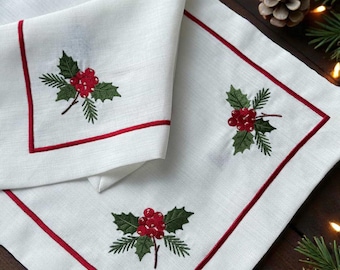 Embroidered Holly Berry Christmas Placemats, Napkins, Table Linens