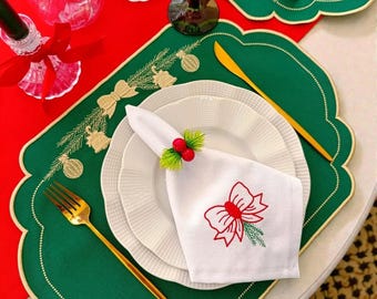 Embroidered Christmas Table Linen Set, Green & Gold Placemats, Holiday Runner