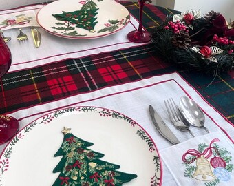 Embroidered Christmas Placemat with Cutlery Pocket | Linen Holiday Table Decor