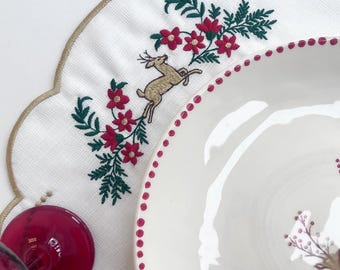 Embroidered Deer Christmas Placemat | Scalloped Linen Holiday Table Mat | Gold Stitching | Festive Table Decor