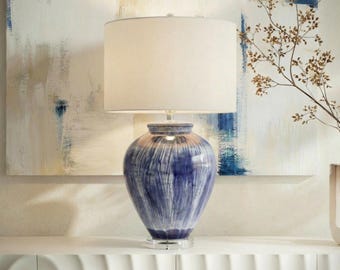 Blue Reactive Glaze Ceramic Table Lamp, White Linen Shade, Modern Accent Lighting