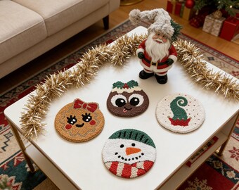 Punch Needle Christmas Coasters | Holiday Character Drink Coasters, 4-Piece Set