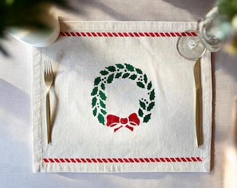 Woodblock Printed Christmas Wreath Placemat | Cotton Canvas Holiday Table Decor