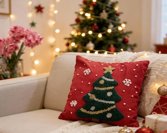 Embroidered Christmas Tree Pillow | Punch Needle Holiday Cushion (40x40)