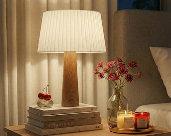 Handcrafted Oak Table Lamp with Pleated Cotton Shade | Bedside Lighting
