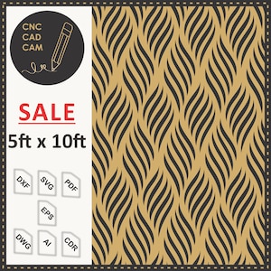 May include: A digital file pattern featuring a repeating black wave design on a tan background. The image includes the text CNC CAD CAM, SALE, and 5ft x 10ft, along with icons for file formats DXF, SVG, PDF, EPS, DWG, AI, and CDR for design projects.