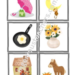 May include: A set of six illustrated cards featuring a frog under an umbrella, a monkey hanging from a crescent moon, a frying pan with a fried egg, a vase with sunflowers, a house with a bicycle in front, and a brown horse with carrots.