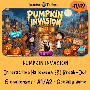 Op de afbeelding: Een digitale spelinterface getiteld Pumpkin Invasion met een nachtscène met een huis, veel gloeiende pompoenen, een kind in heksenkostuum, een kind in vrijetijdskleding en een zwarte kat. Tekst bevat Break-Out Game, Trick or Treat, Enter en Welcome Back.