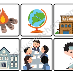 Op de afbeelding: Een set van zes geïllustreerde kaarten met verschillende scènes, waaronder een kampvuur, een globe, een bibliotheek, een schoolgebouw, een groep mensen in een vergadering en een ziek persoon met een thermometer.