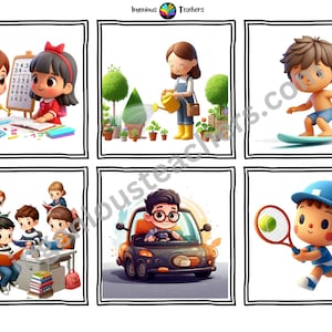 Könnte beinhalten: Ein Satz von sechs bunten Illustrationen, die verschiedene Aktivitäten zeigen, darunter ein Mädchen, das Pflanzen gießt, ein Junge, der surft, eine Gruppe von Kindern im Klassenzimmer, ein Junge, der Auto fährt, ein Junge, der Tennis spielt, und ein Mädchen, das Mathematik lernt.