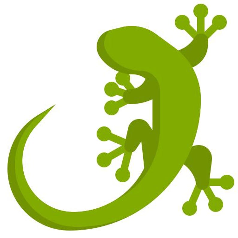 Puede incluir: Un gecko verde con una cola enroscada, una cabeza grande y cuatro dedos en cada pie.