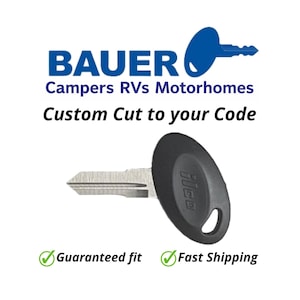 May include: A black key with a silver blade, featuring the text "Custom Cut to your Code." The key has a rounded head with the brand name "Bauer" and a key graphic in blue. The image also includes the text "Guaranteed fit."