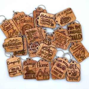 Engraved Wood Keychain Fob Charm Camp - Cabin - Camping - Front Back Door - ATV - Golf Cart - Home
