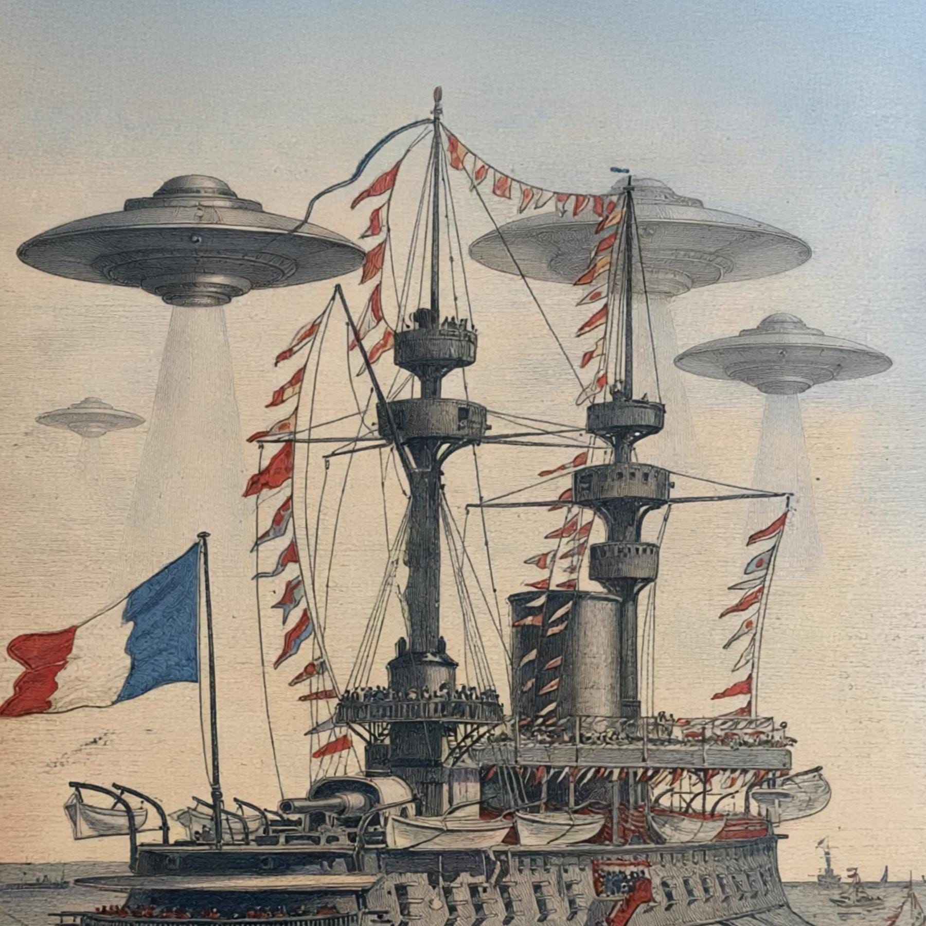 Vintage UFO Poster 1896 – Alien Invasion – French Warship – Retro Sci ...