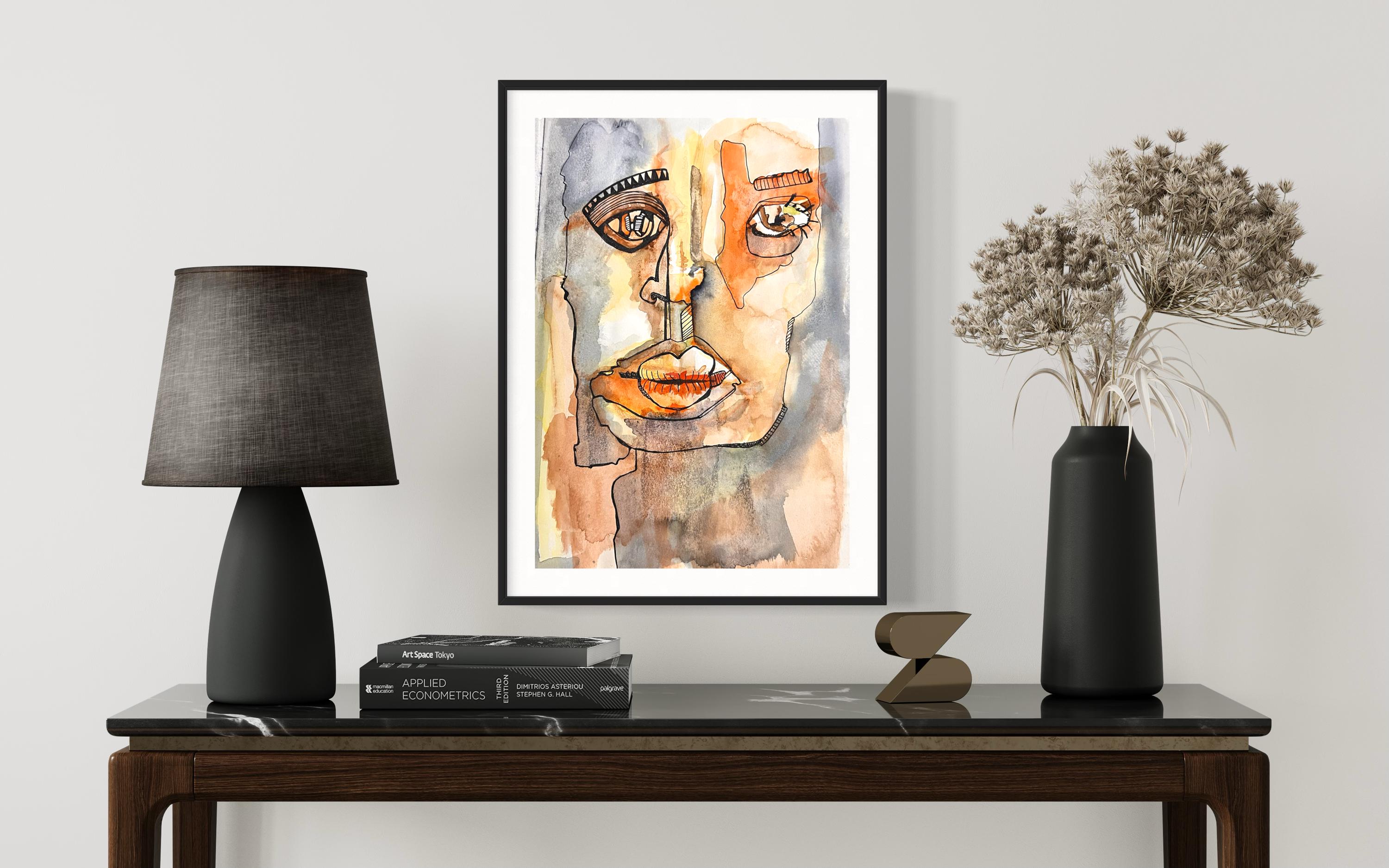 Framed matte paper poster - Warm Abstract Face – Expressive Ink and Watercolor Portrait