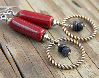 Sapphire Dark Red Brass Sterling Silver Earrings Twisted Ring Ceramic Tube Mixed Metals Artisan Jewelry