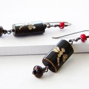 Dragonfly Red Copper Earrings Wood Carved Bead Dark Red Asian Inspired Long Dangle Rectangle Czech Glass Artisan Jewelry image 2