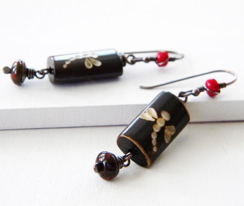 Dragonfly Red Copper Earrings Wood Carved Bead Dark Red Asian Inspired Long Dangle Rectangle Czech Glass Artisan Jewelry image 2