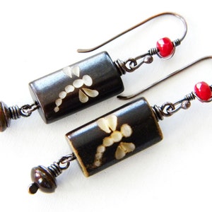 Dragonfly Red Copper Earrings Wood Carved Bead Dark Red Asian Inspired Long Dangle Rectangle Czech Glass Artisan Jewelry image 4