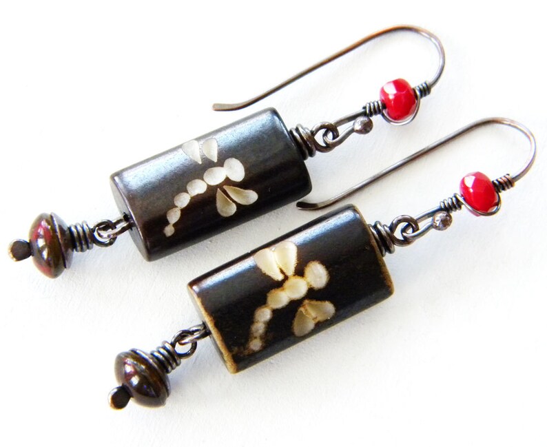 Dragonfly Red Copper Earrings Wood Carved Bead Dark Red Asian Inspired Long Dangle Rectangle Czech Glass Artisan Jewelry image 4
