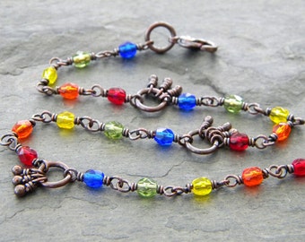 Rainbow Copper Ankle Bracelet Red Orange Yellow Green Blue Czech Glass Beads Anklet Gay Pride Symbolism Artisan Jewelry