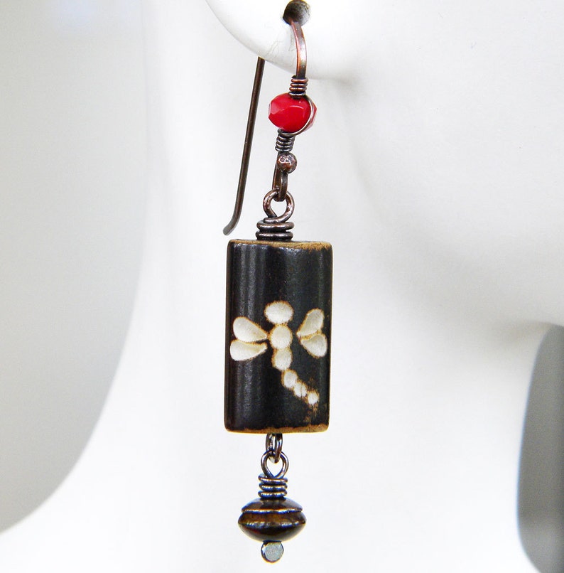 Dragonfly Red Copper Earrings Wood Carved Bead Dark Red Asian Inspired Long Dangle Rectangle Czech Glass Artisan Jewelry image 5
