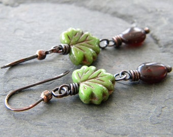 Olive Green Leaf Brown Copper Earrings Spessarite Long Dangle Dark Oxidized Artisan Jewelry
