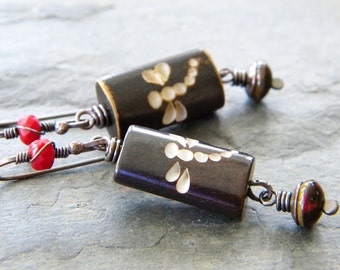 Dragonfly Red Copper Earrings Wood Carved Bead Dark Red Asian Inspired Long Dangle Rectangle Czech Glass Artisan Jewelry