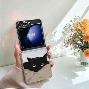 Funda transparente con diseño de gato negro para Samsung Galaxy Z Flip 3, 4, 5 y 6: carcasa protectora suave y transparente.