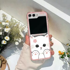 Cute Cartoon Cat Case for Samsung Galaxy Z Flip 3 4 5 6 – Clear Hard Shockproof Cover with Fun Animal Design and Durable Shell