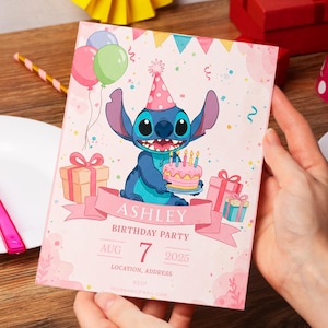 Invitation d'anniversaire Stitch personnalisée, invitation de fête de dessin animé pour enfants, fichier numérique envoyé en 24 heures – Invitation d'anniversaire Stitch