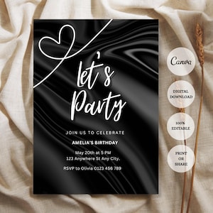 Modern Black Birthday Invitation, Editable Modern Birthday Template Invite, Canva Birthday Party Template