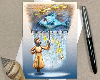 Illustrated Under the Sea All Occasion Greeting Cards, Handmade Note Card, 6 Pack, 5x7 inches, Blank Inside, with Envelopes