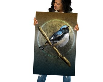 Affiche illustrée d'oiseau de paruline bleue à gorge noire - Home Decor Wall Art Print