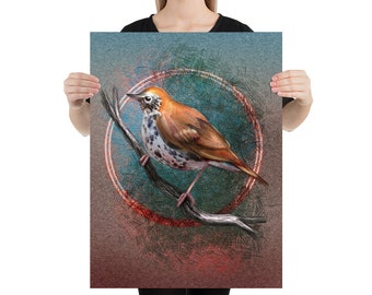 Illustrated Wood Thrush Bird Poster - Home Decor Wall Art Print