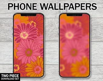 Flower Power 1970s Floral Print Wallpaper Background, Instant Digital Download, Set of 2, Homescreen and Lockscreen
