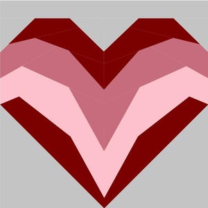 Könnte beinhalten: Ein geometrisches Herzdesign aus geschichteten Formen in verschiedenen Rot- und Rosatönen, vor einem grauen Hintergrund. Die Herzform wird durch eine Reihe von winkligen, V-förmigen Segmenten erzeugt, die eine moderne, abstrakte Ästhetik schaffen.