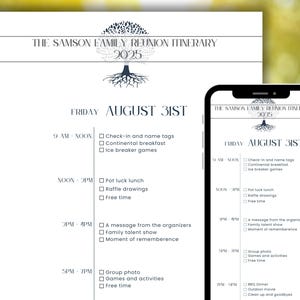 May include: A white paper itinerary for the Samson Family Reunion in 2025, with a matching digital version on a smartphone. The itinerary includes activities like check-in, breakfast, games, lunch, talent show, and group photos.