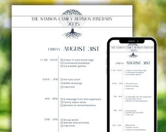 May include: A white paper itinerary for the Samson Family Reunion in 2025, with a matching digital version on a smartphone. The itinerary includes activities like check-in, breakfast, games, lunch, talent show, and group photos.