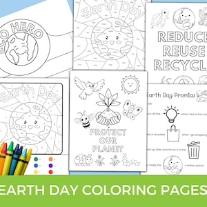 Könnte beinhalten: Schwarz-weiß-Malvorlagen mit Motiven zum Tag der Erde. Die Seiten beinhalten eine Malvorlage mit Zahlen für die Erde, eine Illustration zum Thema „Schütze unseren Planeten“ und eine Botschaft mit „Reduzieren, Wiederverwenden, Recyceln“. Es gibt auch eine Seite mit einem Versprechen zum Tag der Erde.