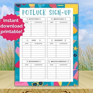 Potluck Sign Up Sheet | Picnic Sign Up | Summer Potluck | BBQ | Block Party | Neighborhood Potluck | 4th of July | Instant Download