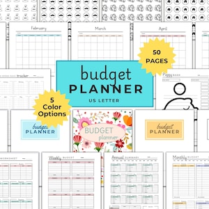 May include: A printable budget planner with 50 pages and 5 color options. The planner includes sections for monthly budgets, weekly budgets, annual summaries, and a piggy bank tracker. The cover features a floral design with the text "BUDGET planner".